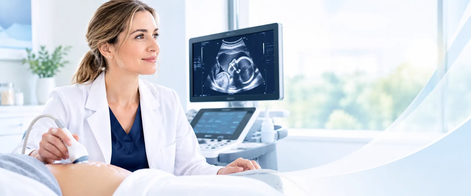 Médica realizando un ultrasonido obstétrico en consultorio